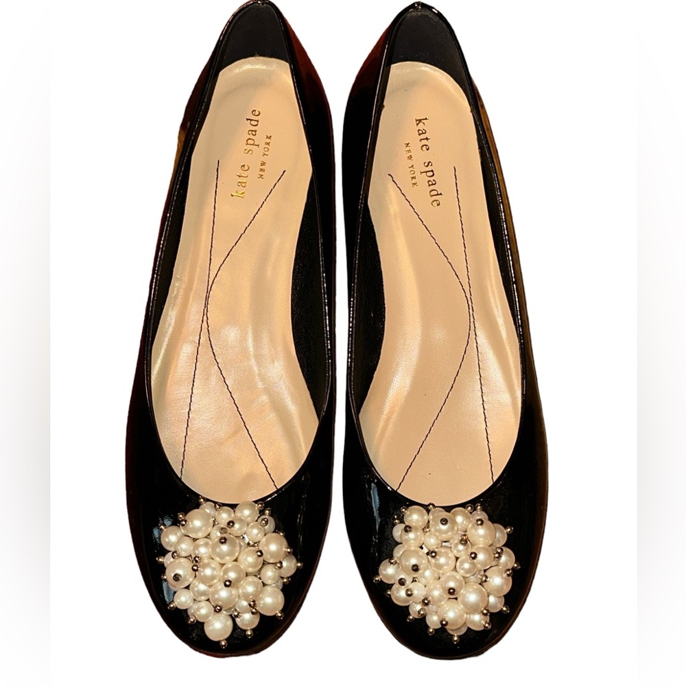 Kate Spade Black Patent Vilette Pearl Cluster Flats Shoes Cocktail 10M Italy